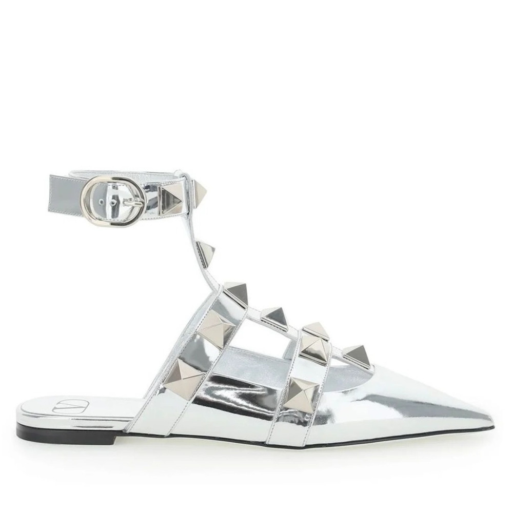 Valentino Garavani Silver Roman Stud Ballerina Flat Ankle Strap 37